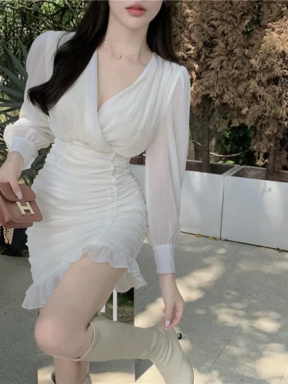 Elegant Ruffles Folds White Dress - Image 2