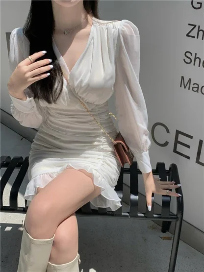 Elegant Ruffles Folds White Dress - Image 3