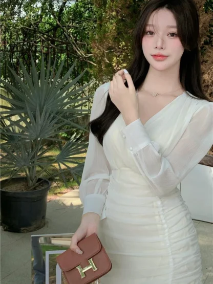 Elegant Ruffles Folds White Dress - Image 4