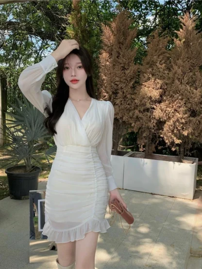 Elegant Ruffles Folds White Dress - Image 5