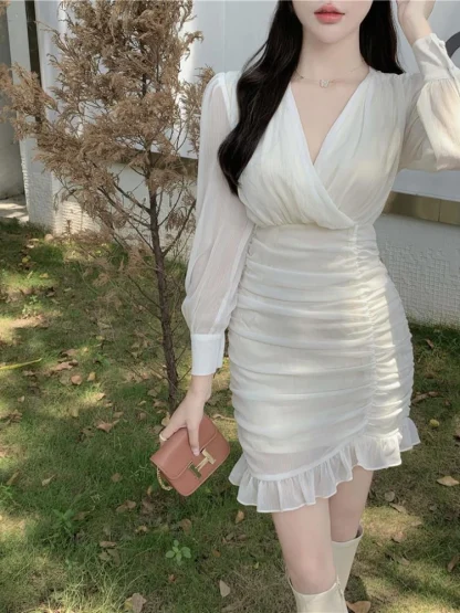 Elegant Ruffles Folds White Dress