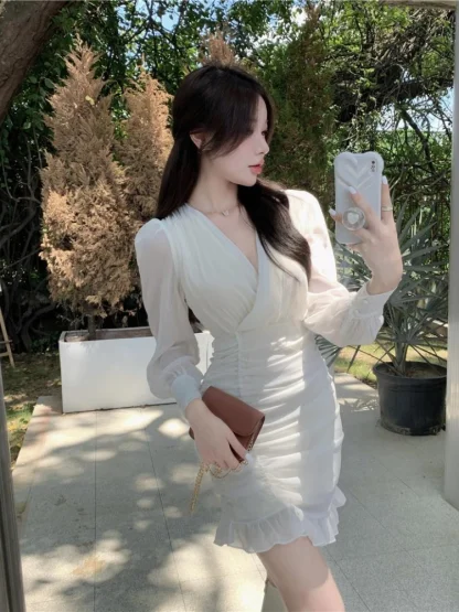 Elegant Ruffles Folds White Dress - Image 6