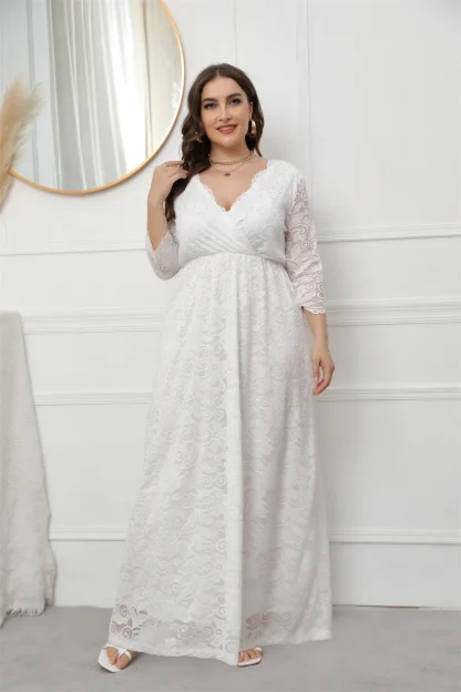 White V-Neck Lace Long Dress