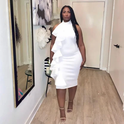 White Elegant Ruffle Halter Dress - Image 2