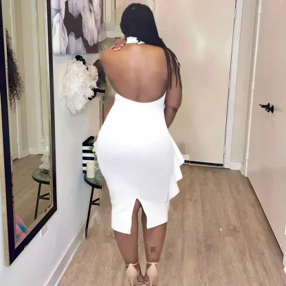 White Elegant Ruffle Halter Dress - Image 3