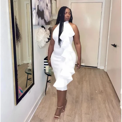 White Elegant Ruffle Halter Dress