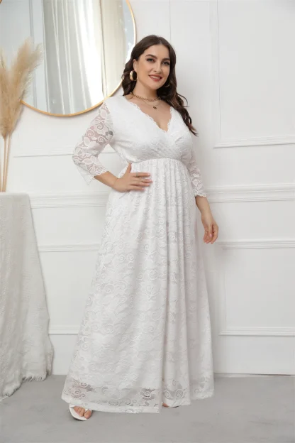 White V-Neck Lace Long Dress - Image 2
