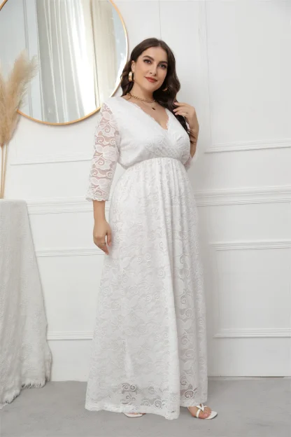 White V-Neck Lace Long Dress - Image 3