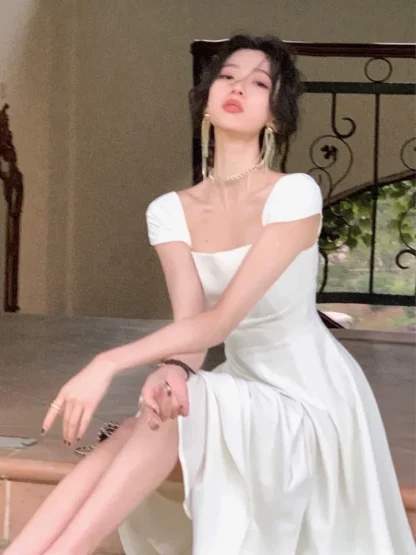 Square Neck A-line White Dress - Image 2
