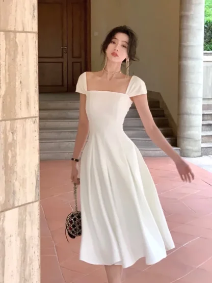 Square Neck A-line White Dress - Image 3