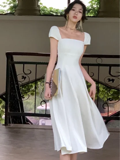 Square Neck A-line White Dress