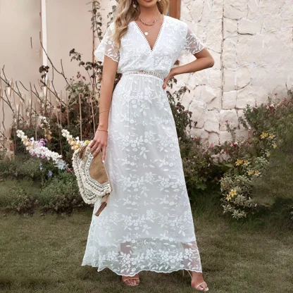 White V-neck Lace Maxi Dress
