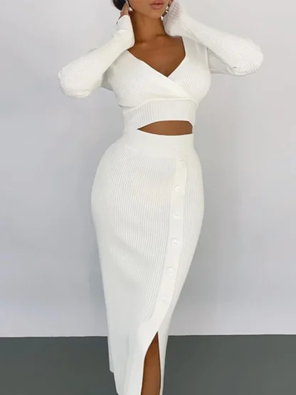 Knitted V-neck Long Sleeve Dress Sets