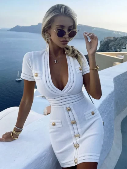 Buttoned V-neck White Mini Dresses