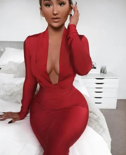Deep V-neck Long Sleeve Dresses - Image 5