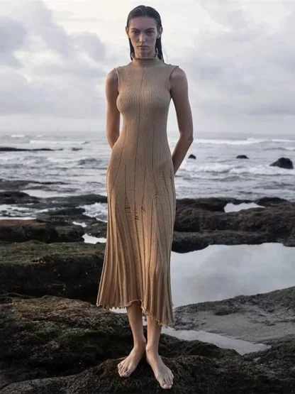 Knitted Turtleneck Ripped Dresses - Image 2