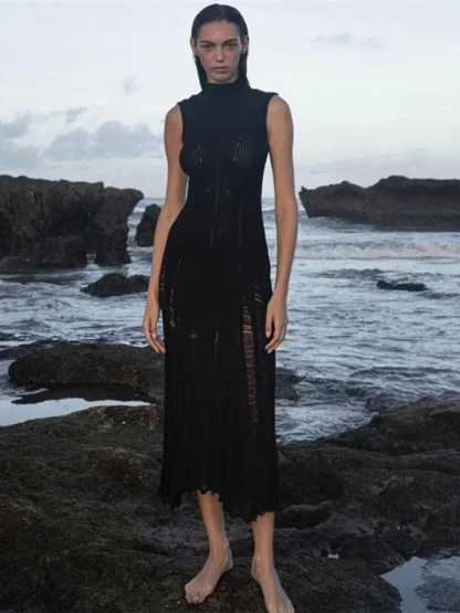Knitted Turtleneck Ripped Dresses - Image 4