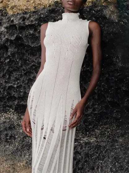 Knitted Turtleneck Ripped Dresses