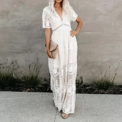 V-neck Lace White Maxi Dress - Image 3