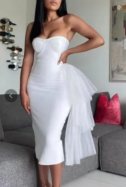 Strapless Mesh White Midi Dresses