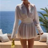Turndown Collar White Ruched Dresses