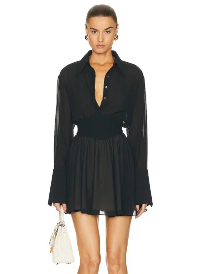 Turndown Collar White Ruched Dresses - Image 5