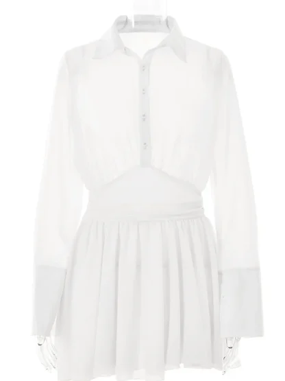 Turndown Collar White Ruched Dresses - Image 6