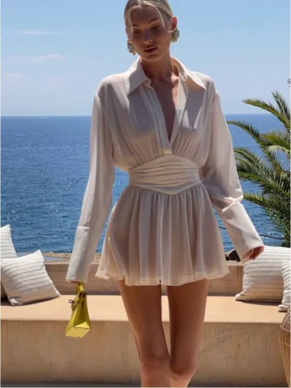 Turndown Collar White Ruched Dresses