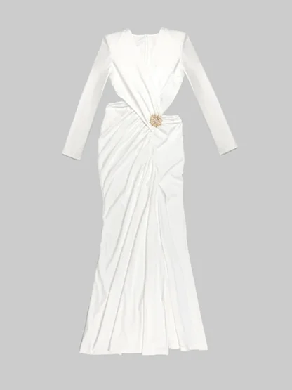 Elegant V-neck High Split White Dress - Image 5