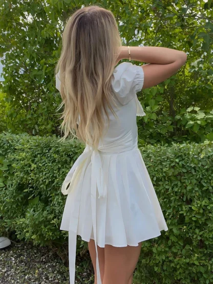 Puff Sleeve Elegant Pleated Dress - Image 3