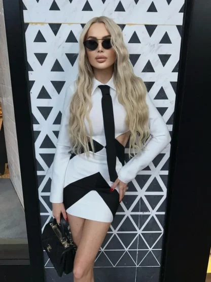 Sexy Shirt Cutout Dress with Necktie - Image 2