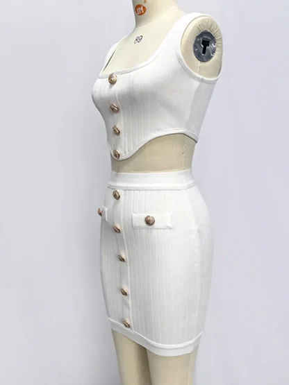 Sexy Buttoned White Dress Set - Image 3