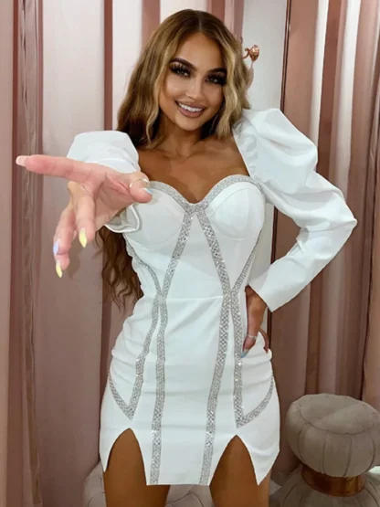 Puff Long Sleeve Beaded Dresses - Image 2