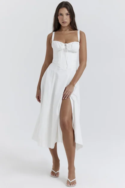 Tie Up Split White Midi Dress - Image 7