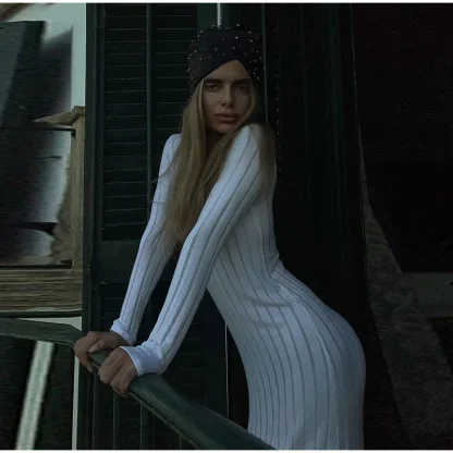 Knitted Long Sleeve White Dress - Image 5