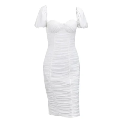 Puff Sleeve White Ruched Dresses - Image 7