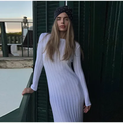 Knitted Long Sleeve White Dress - Image 4