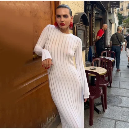 Knitted Long Sleeve White Dress
