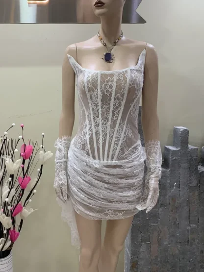 Strapless Lace White Dress with Gloves - Image 2