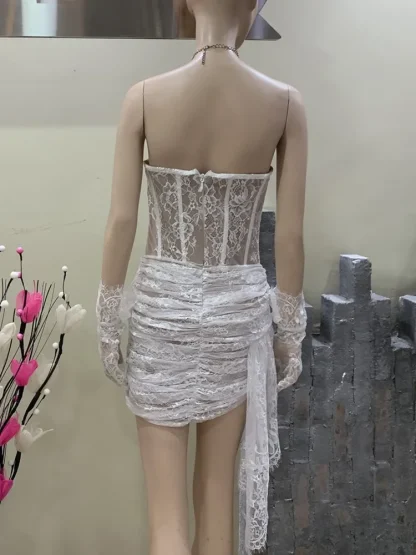 Strapless Lace White Dress with Gloves - Image 3