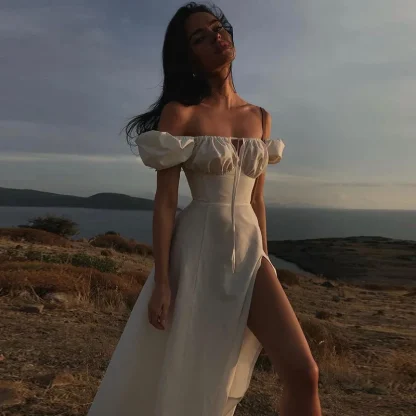 Off-shoulder Puff Sleeve Midi Dresses - Image 2