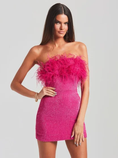 Strapless Feather-like Sequin Dresses - Image 4