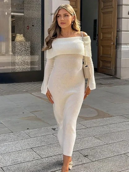 Knitted Off Shoulder White Dress