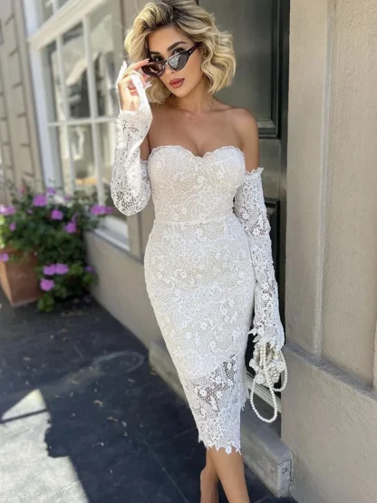 Strapless White Lace Bodycon Dress - Image 3