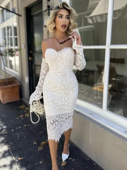 Strapless White Lace Bodycon Dress - Image 4