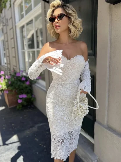 Strapless White Lace Bodycon Dress - Image 5