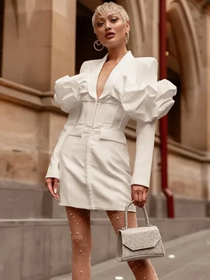 V-neck Ruffles Long Sleeve Dress