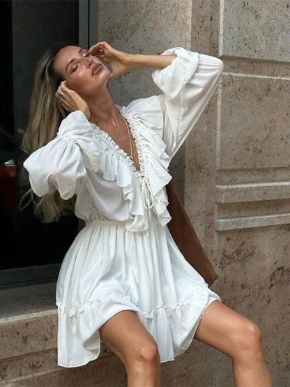 Ruffled V-neck Elegant White Dress - Image 4