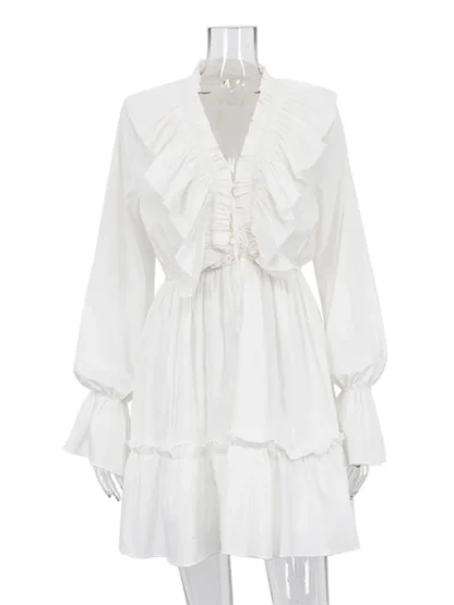 Ruffled V-neck Elegant White Dress - Image 6