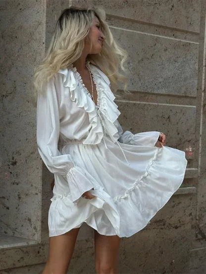 Ruffled V-neck Elegant White Dress - Image 2